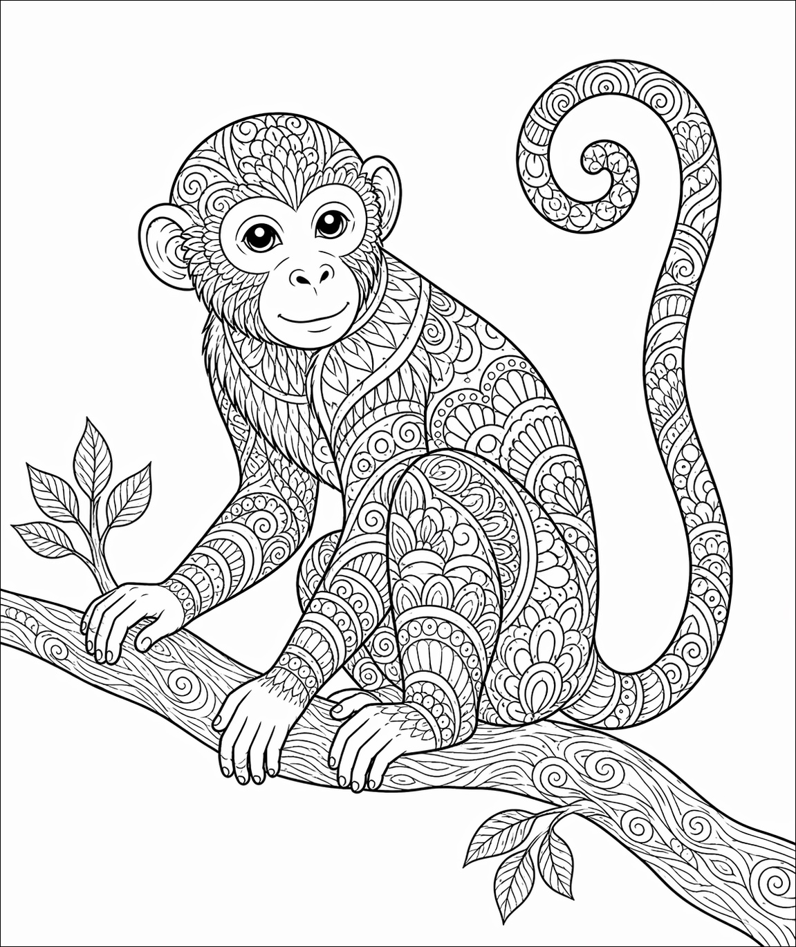 Ein Affe ist mit filigranen Ornamenten gefüllt und von dichter Dschungelwirkung umgeben