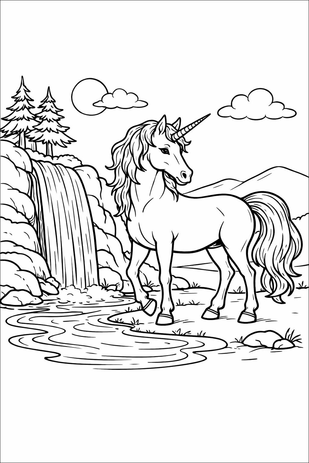 Ein ruhiges Einhorn steht vor einem Wasserfall, eingerahmt von Felsen, Tannen und weichen Wolken