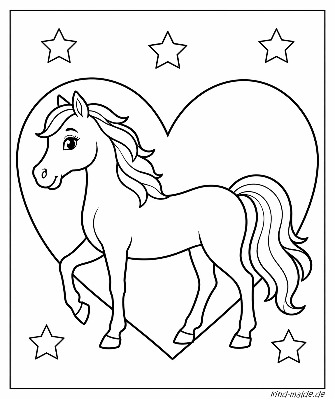 Ein Pferd steht neben einem großen Herz und mehreren Sternen in einer offenen Fantasieszene