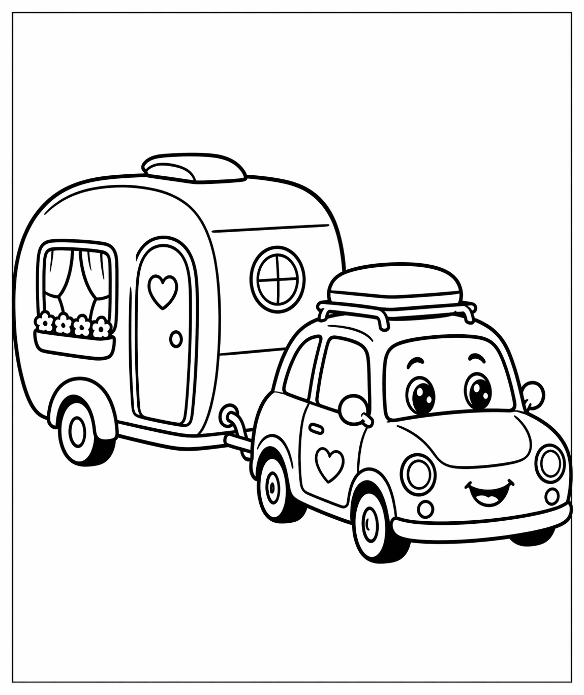 Ein Auto zieht einen Wohnwagen durch eine entspannte Reiseszene