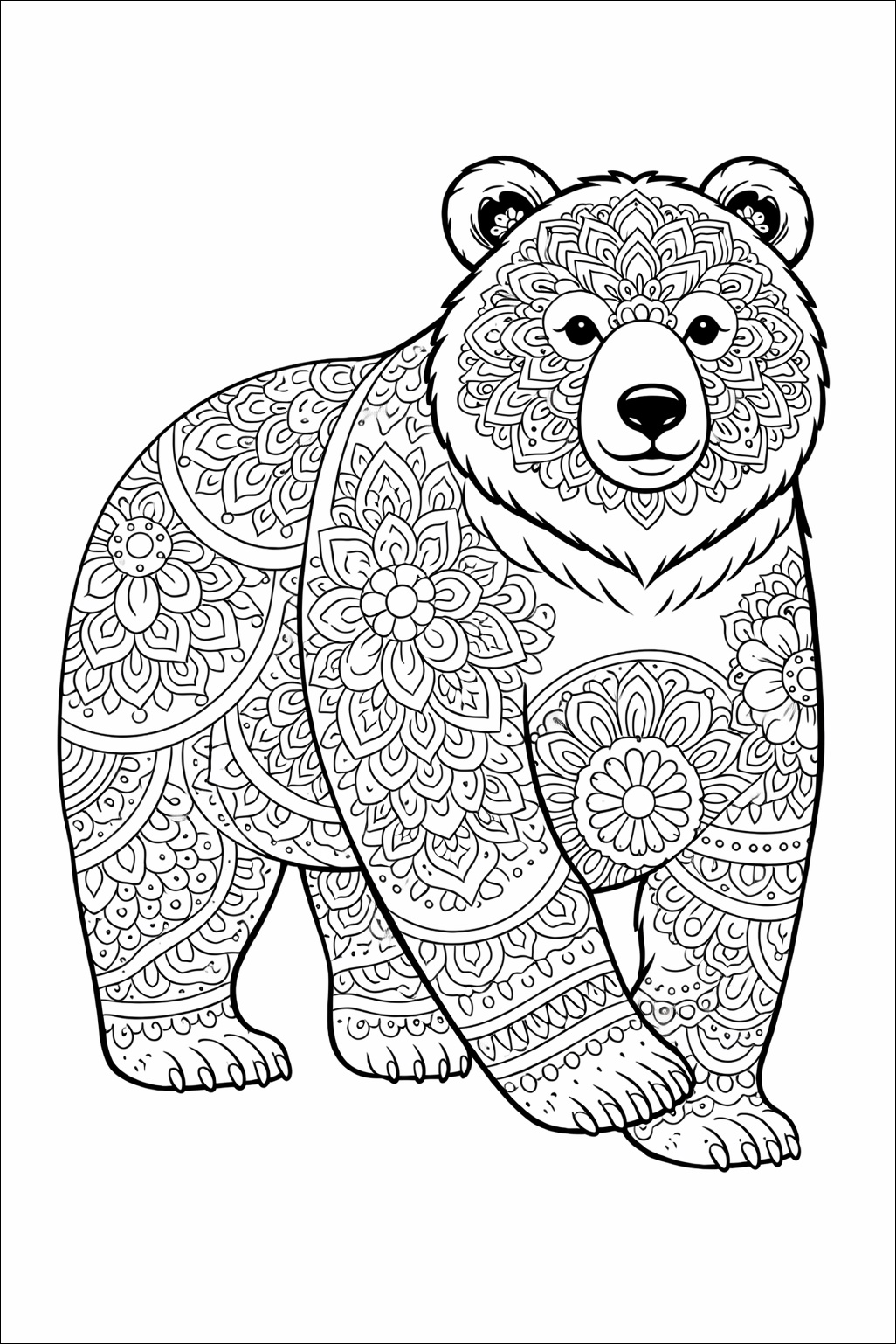 Ein gehender Bär ist vollständig mit feinen Mandalaformen und symmetrischen Ornamenten gefüllt