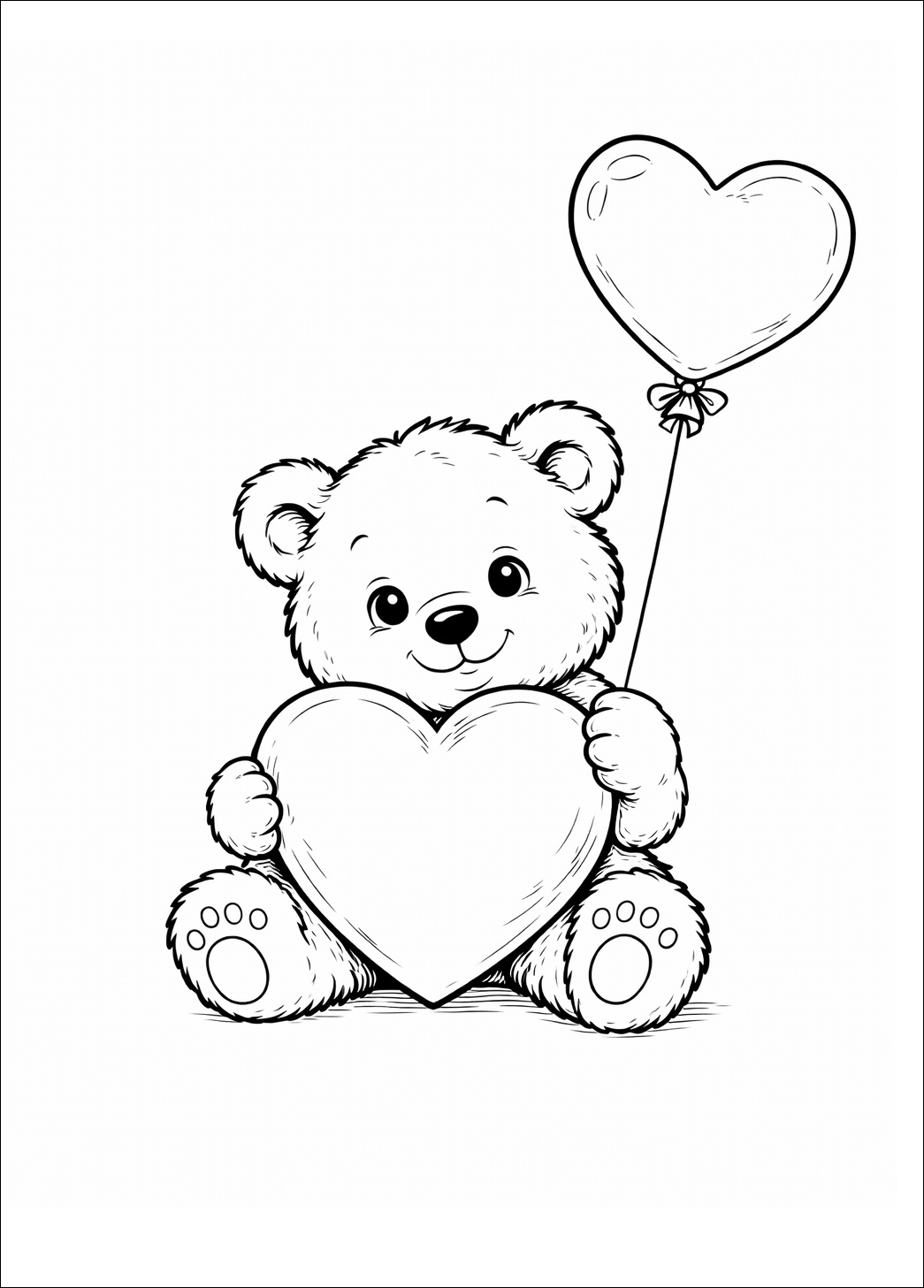 Ein Bär hält ein großes Herz, während daneben ein Herzballon schwebt