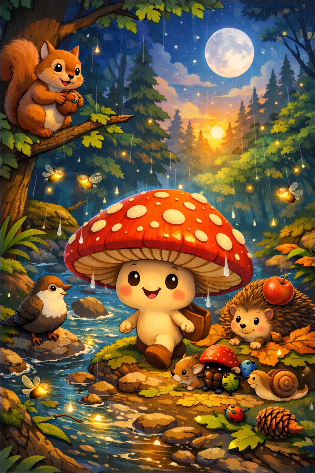 Illustration zum Märchen „Der kleine Fliegenpilz im Wald“