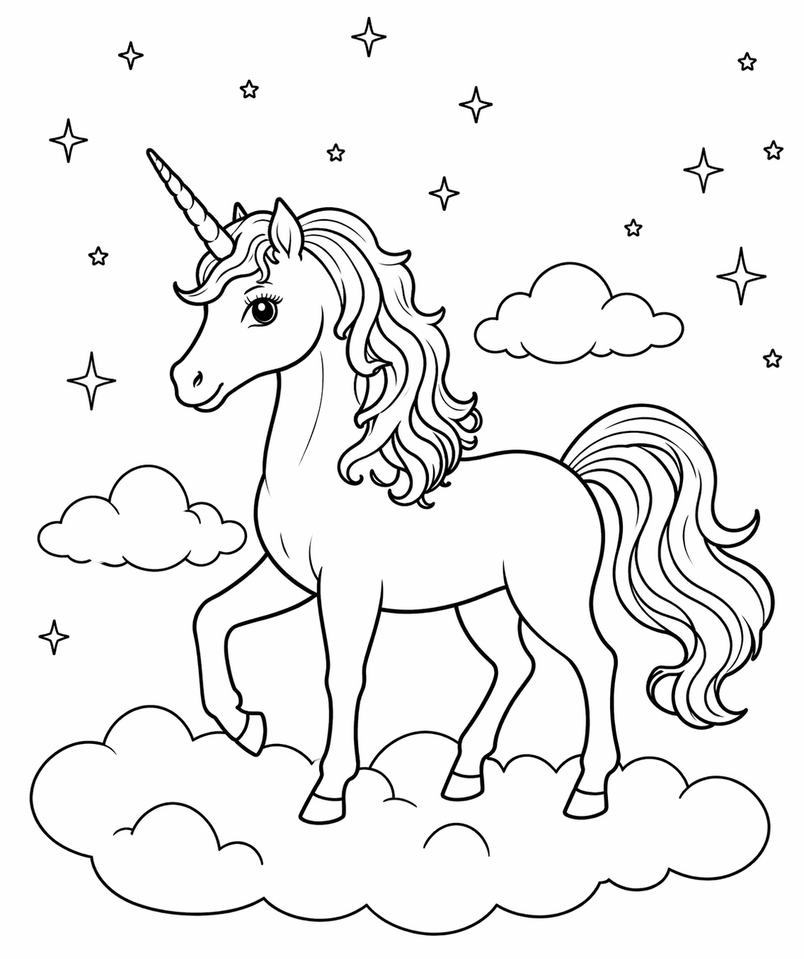 Ein freundliches Einhorn ruht auf Wolken, umgeben von Sternen und viel freier Fläche