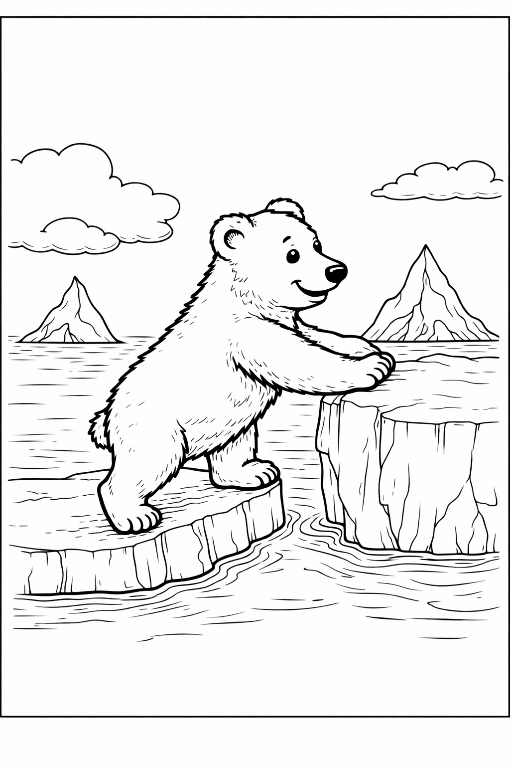 Ein freundlicher Eisbär bewegt sich zwischen treibenden Eisschollen; die Figur bleibt der eindeutige Mittelpunkt