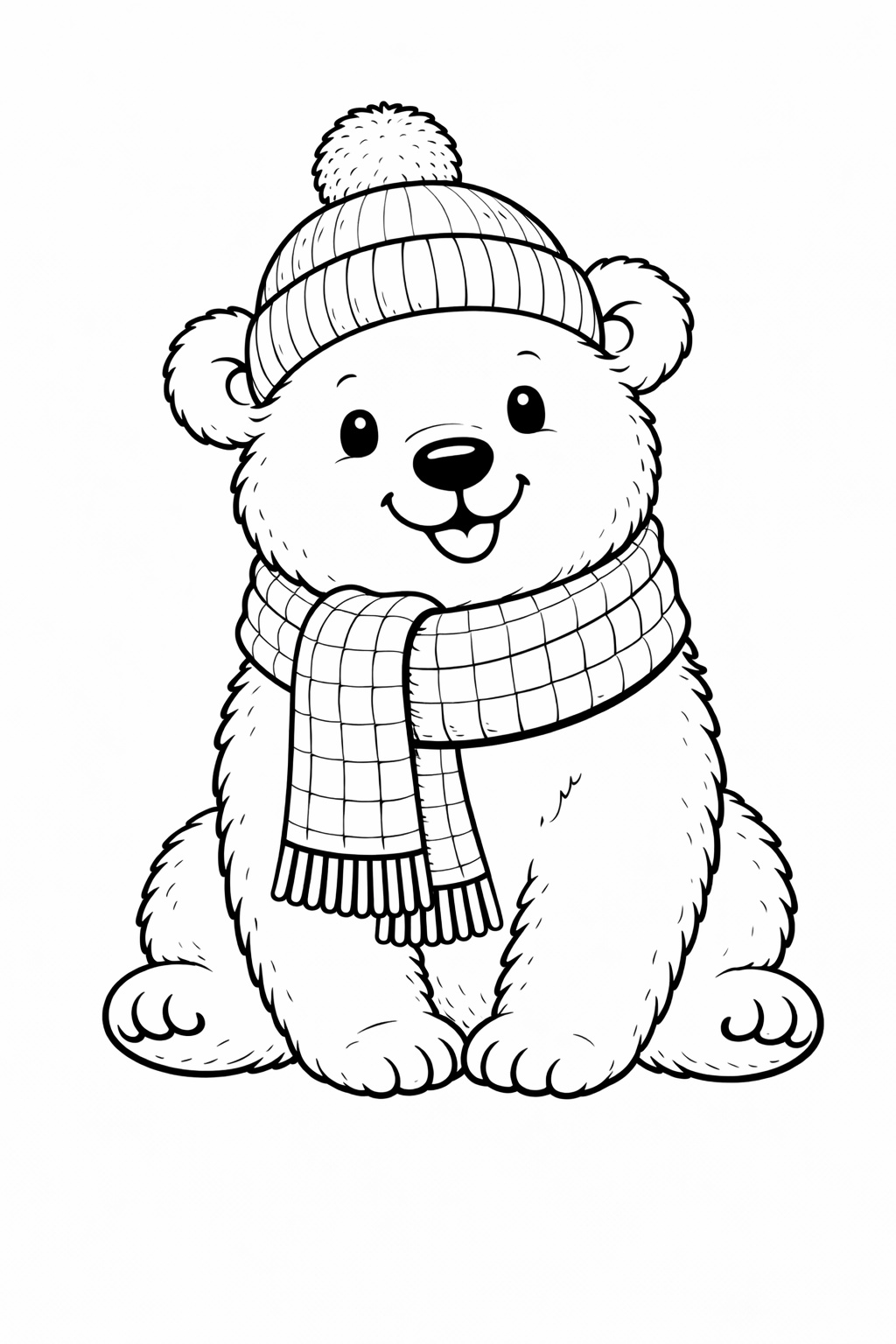 Ein Eisbär trägt Mütze und Schal in einer klar gezeichneten Winterszene
