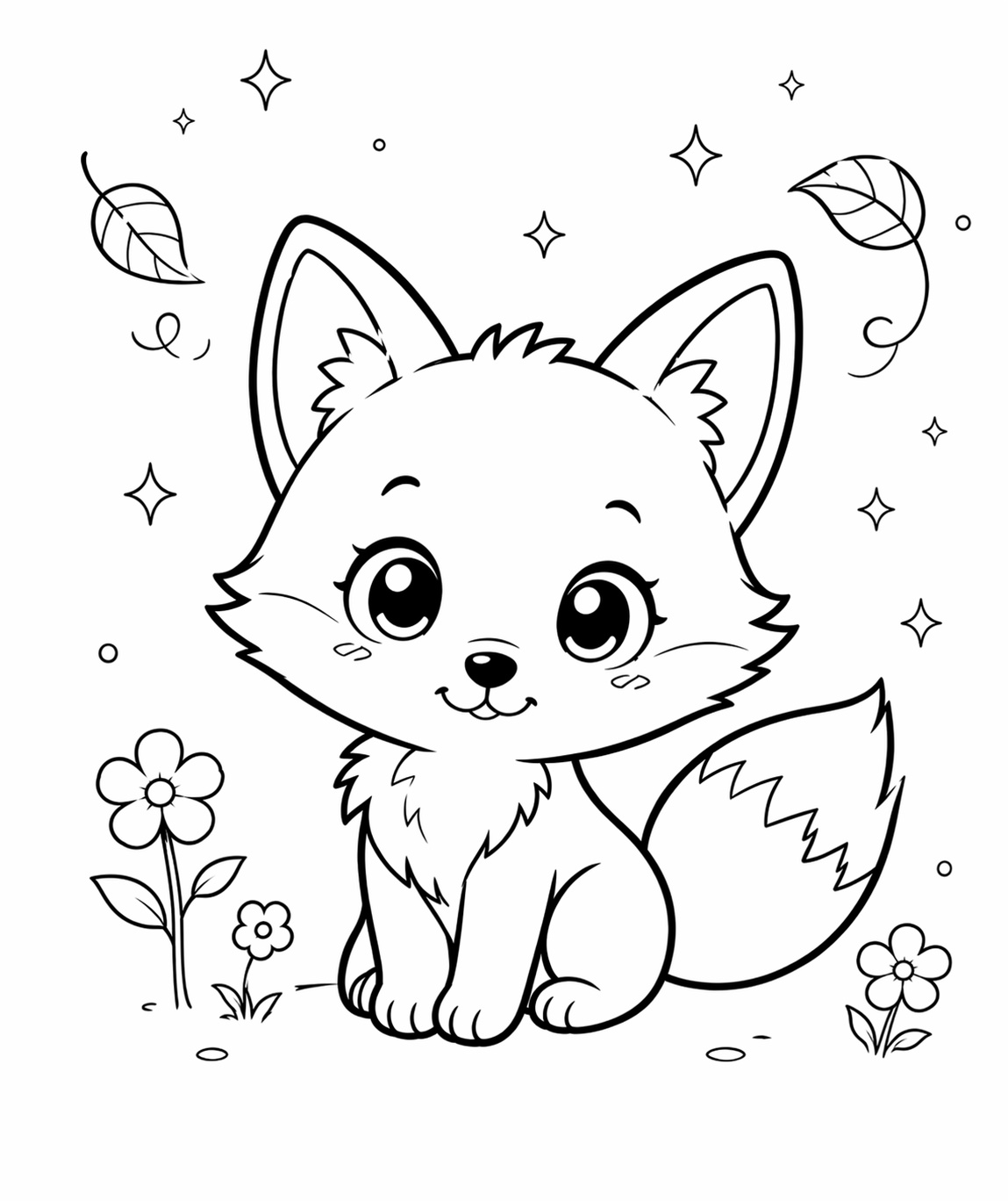 Ein kleiner Fuchs steht zwischen fallenden Blättern und typischen Formen des Herbstes