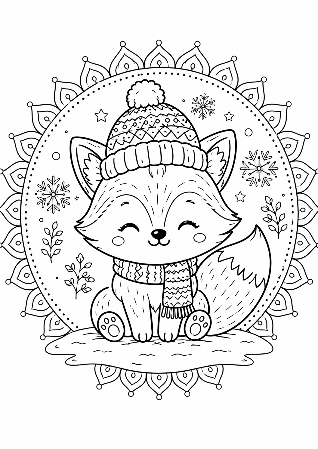 Ein Fuchs trägt Mütze und Schal zwischen Schneeflocken in einer freundlichen Winterszene