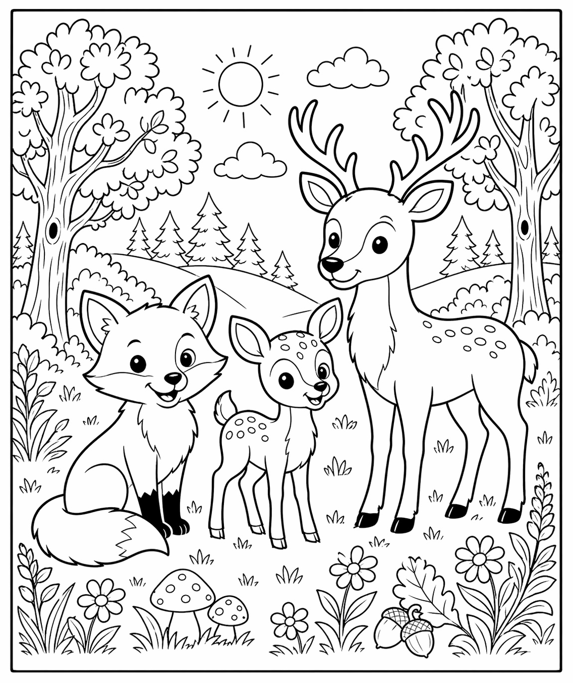 Fuchs, Rehkitz und Hirsch bilden eine kleine Waldgemeinschaft in einer ausgewogenen Szene