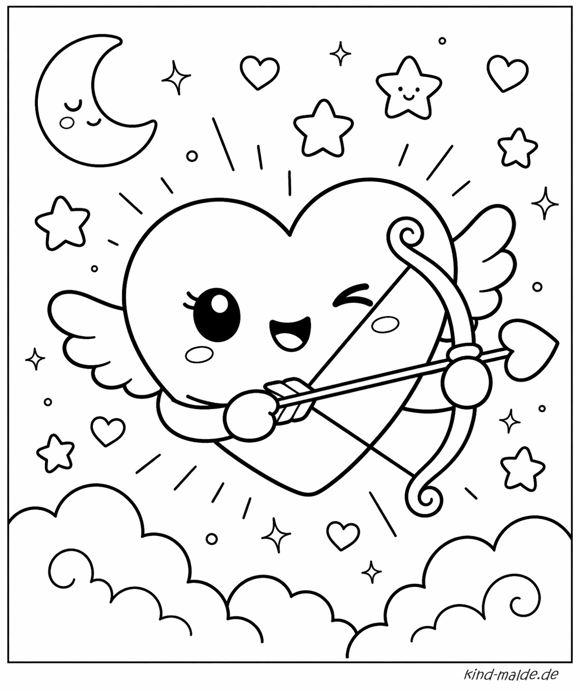 Ein Kawaii-Herz mit Flügeln, Pfeil und Bogen schwebt zwischen Mond, Sternen und Wolken