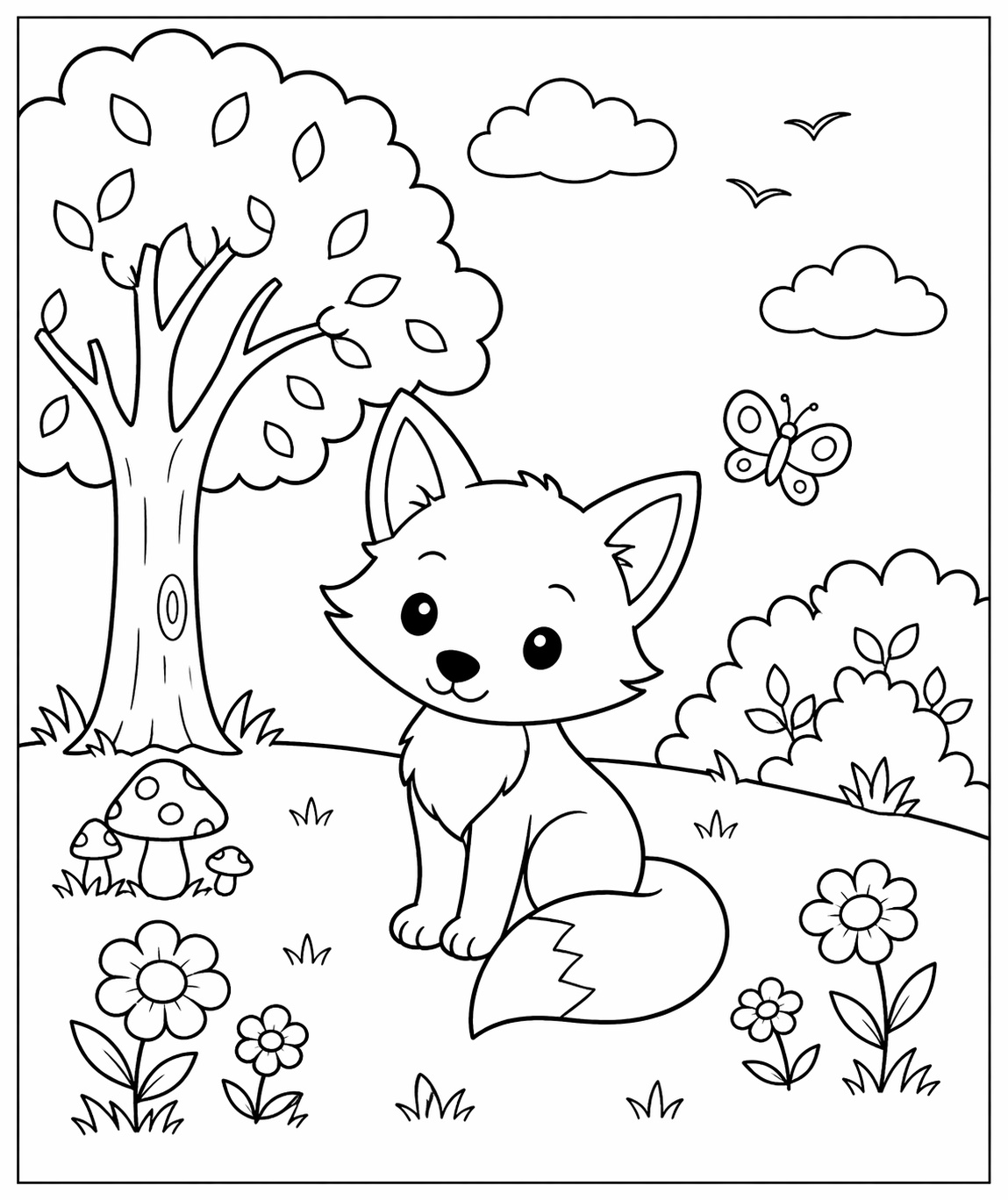 Ein junger Fuchs steht auf einer Waldlichtung zwischen Blumen, Gras und Bäumen