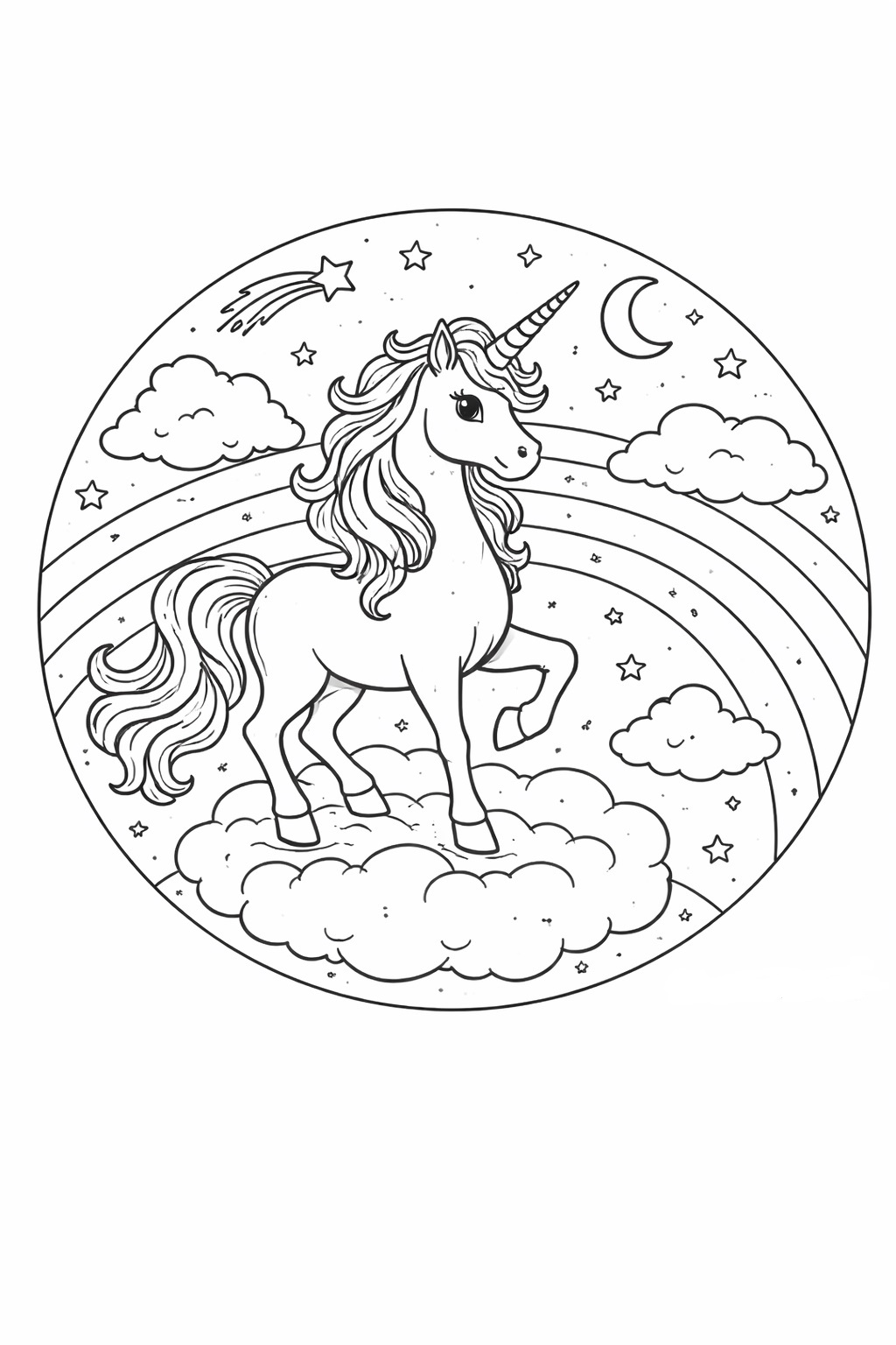 Regenbogen, Wolken und ornamentale Formen umgeben ein Einhorn in einer detailreichen Mandala-Szene