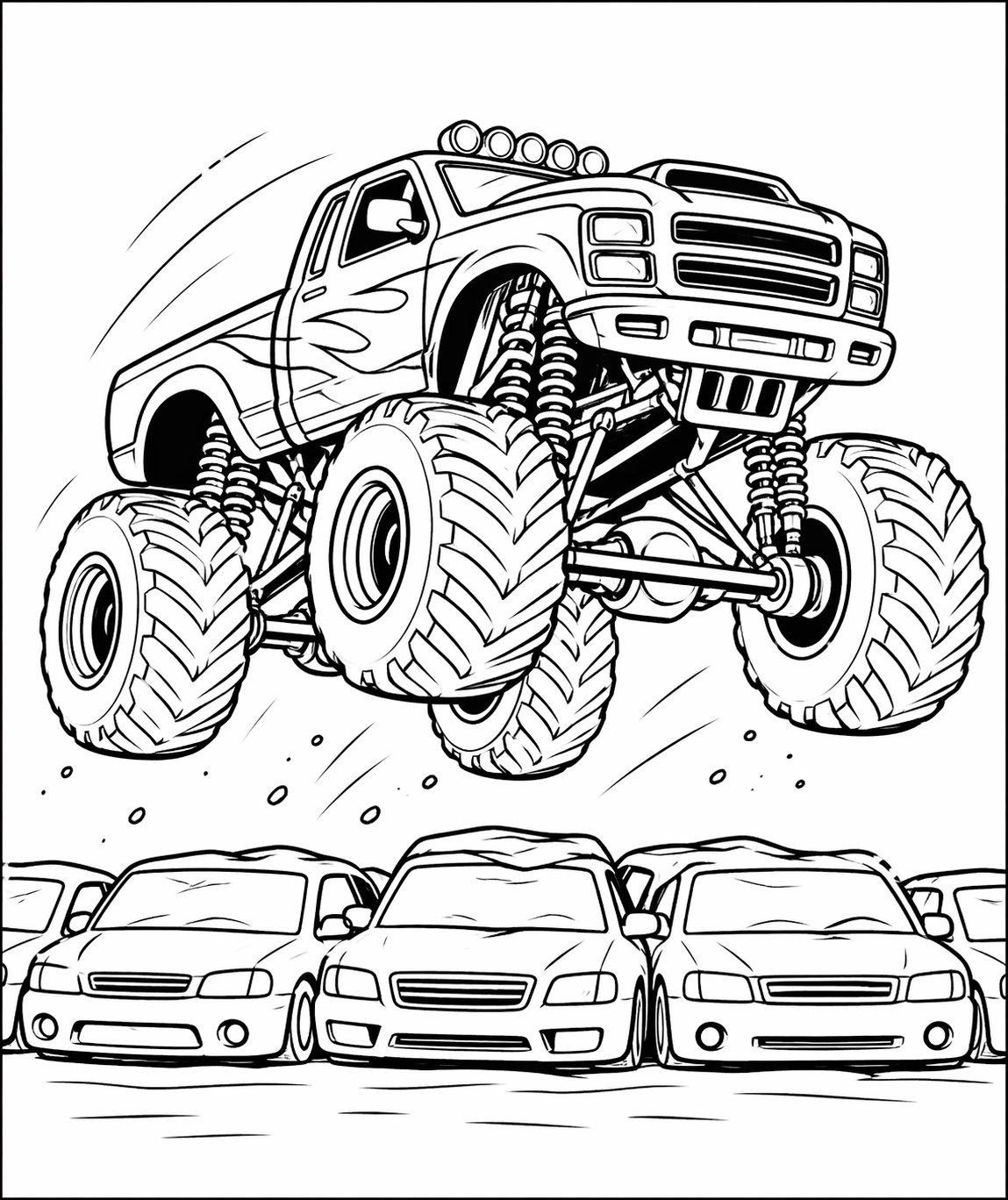 Ein Monstertruck springt über eine Reihe kleinerer Autos und erzeugt eine deutlich erkennbare Actionszene