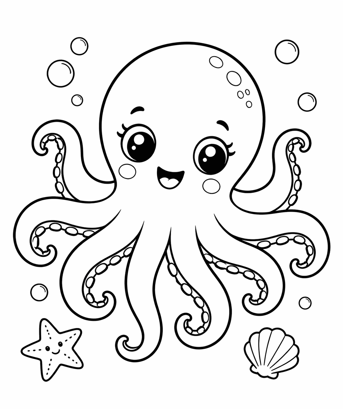 Ein niedlicher Oktopus mit großen Augen und weichen Tentakeln steht im Mittelpunkt der Zeichnung