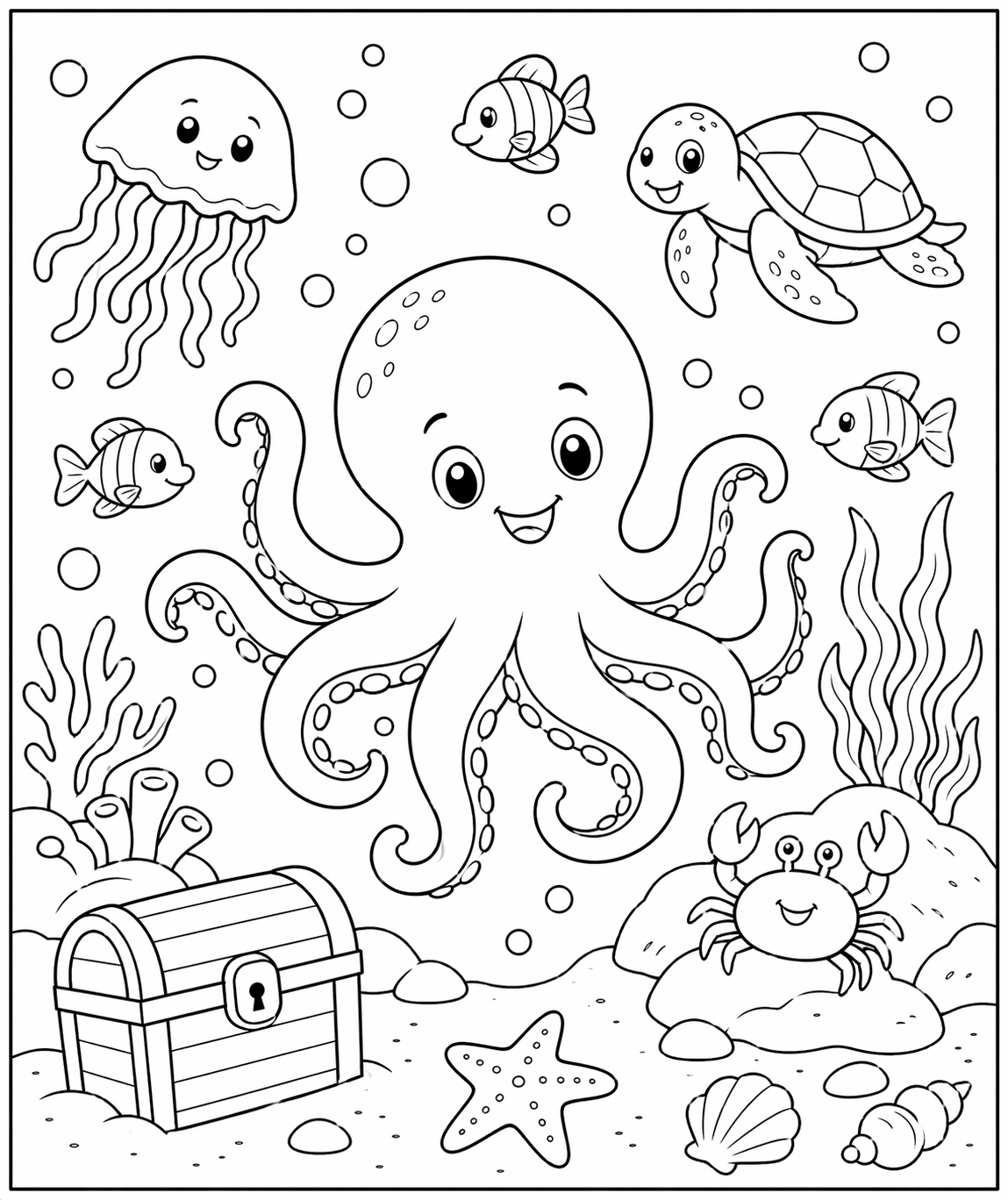 Ein Oktopus bewegt sich durch eine Tiefseeszene mit Pflanzen, Blasen und weiteren Meeresdetails