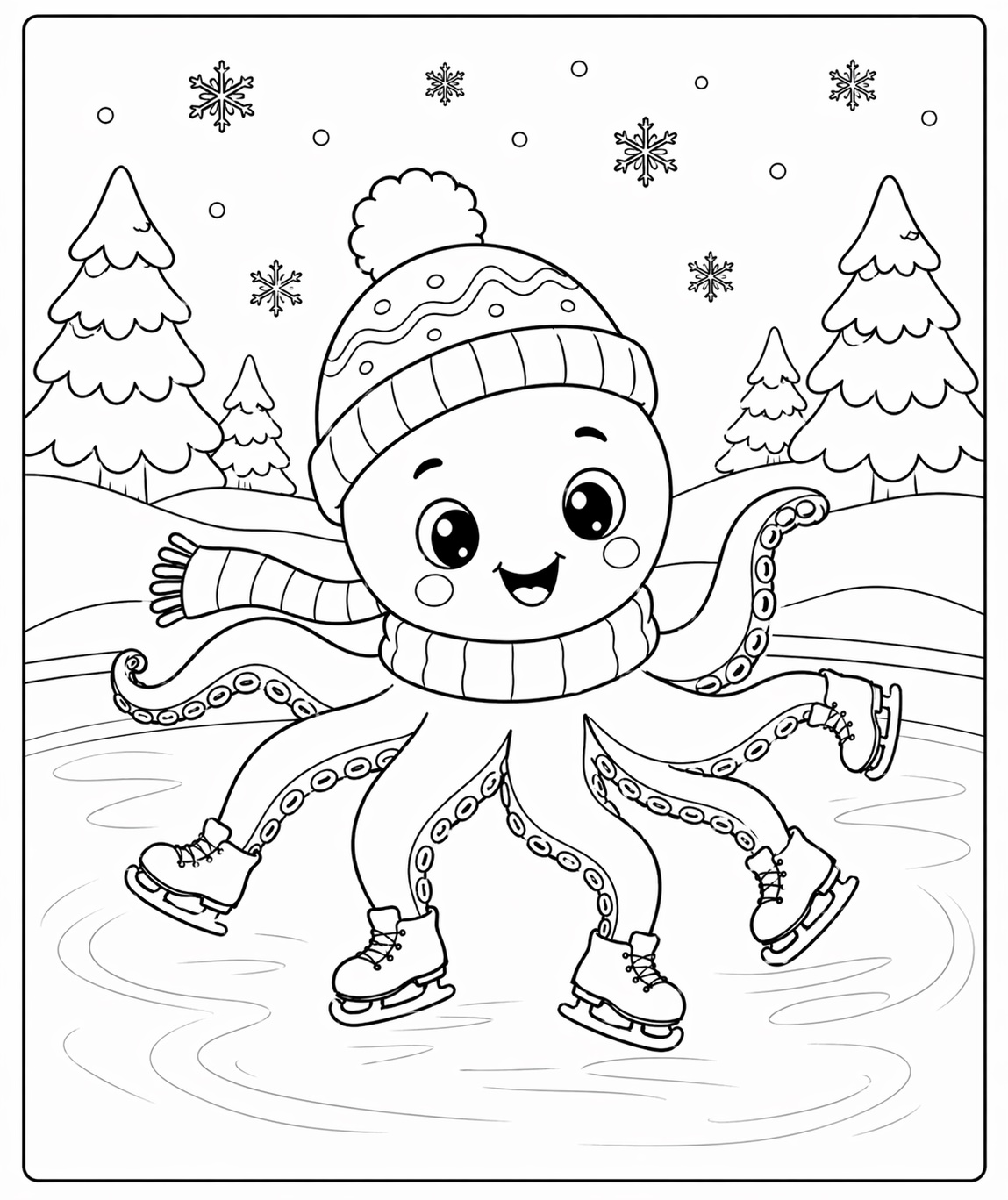 Ein Oktopus trägt winterliche Kleidung und ist von Schneeflocken umgeben