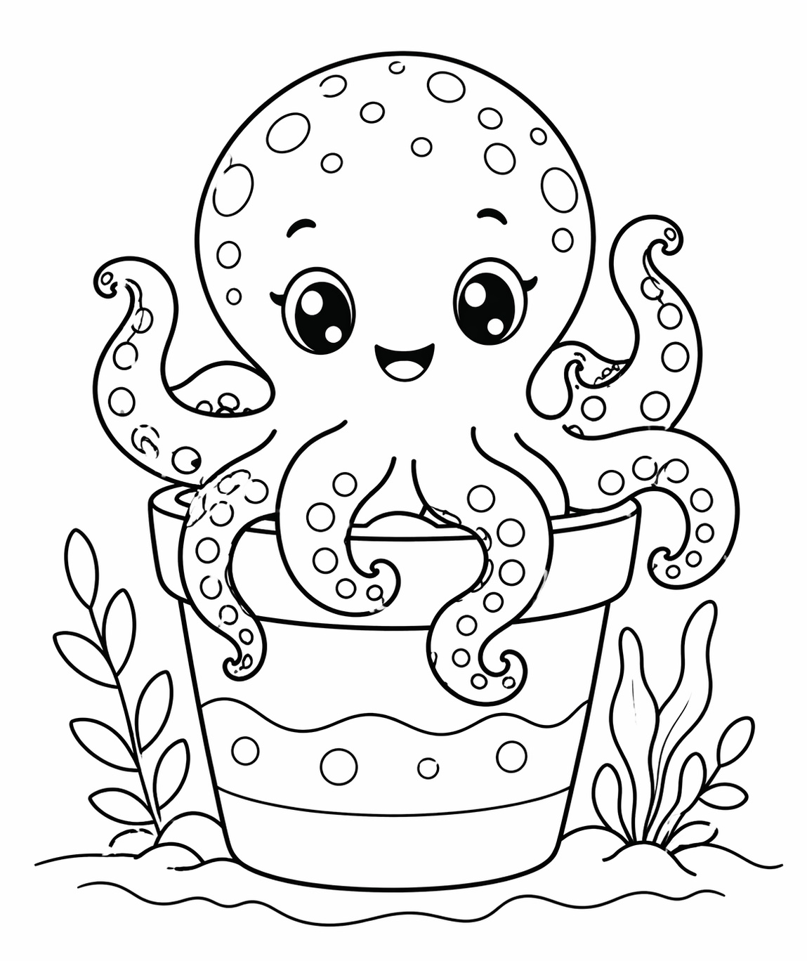 Ein neugieriger Oktopus schaut aus einem Topf; der Hintergrund bleibt bewusst schlicht