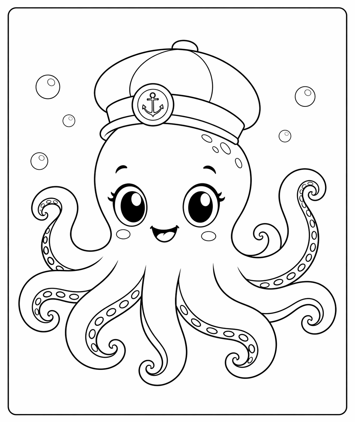 Ein Oktopus mit Kapitänsmütze verbindet eine freundliche Figur mit maritimen Details
