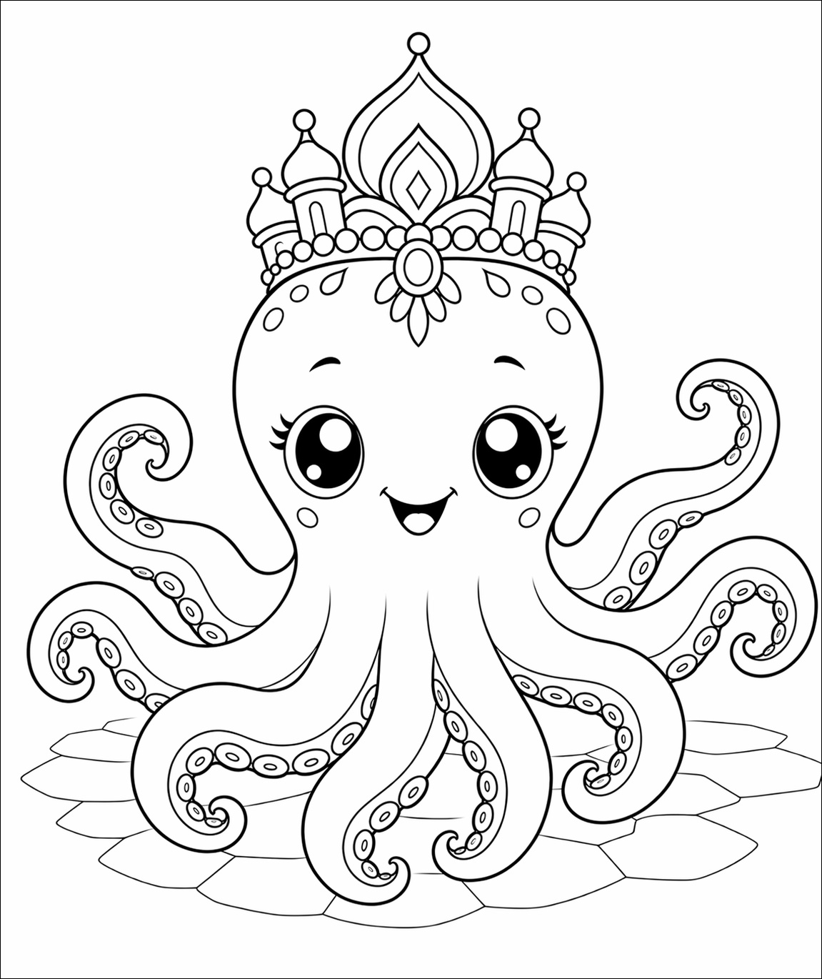 Eine Oktopus-Prinzessin trägt eine Krone; ihre Arme sind elegant und gleichmäßig geschwungen