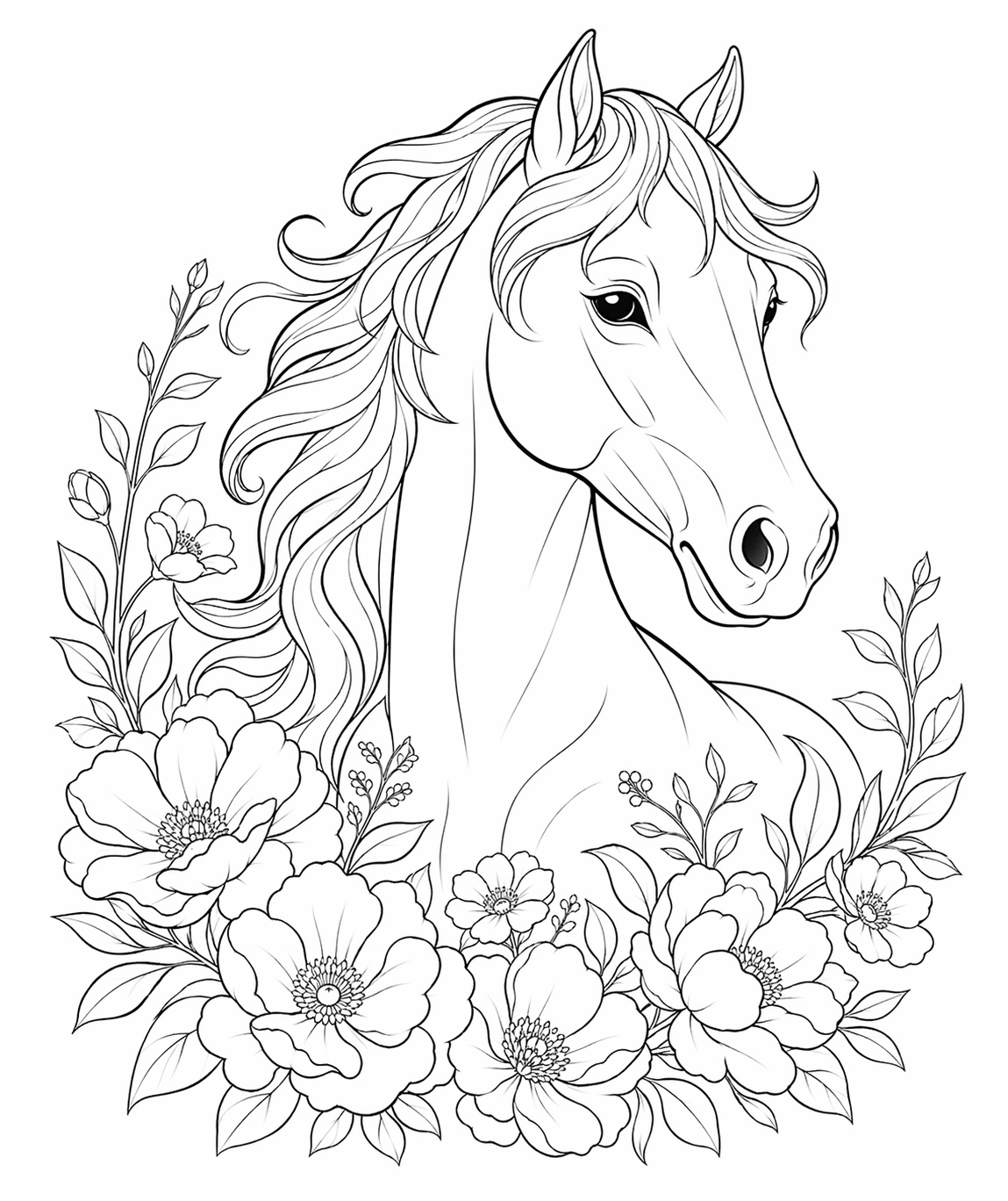 Ein elegantes Pferd wird von Blüten und geschwungenen floralen Linien begleitet