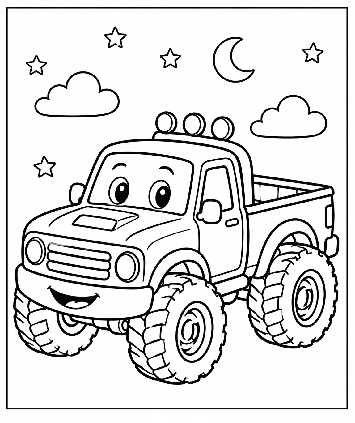 Ein Pickup mit großer Ladefläche und kräftigen Reifen steht unter Mond und Sternen