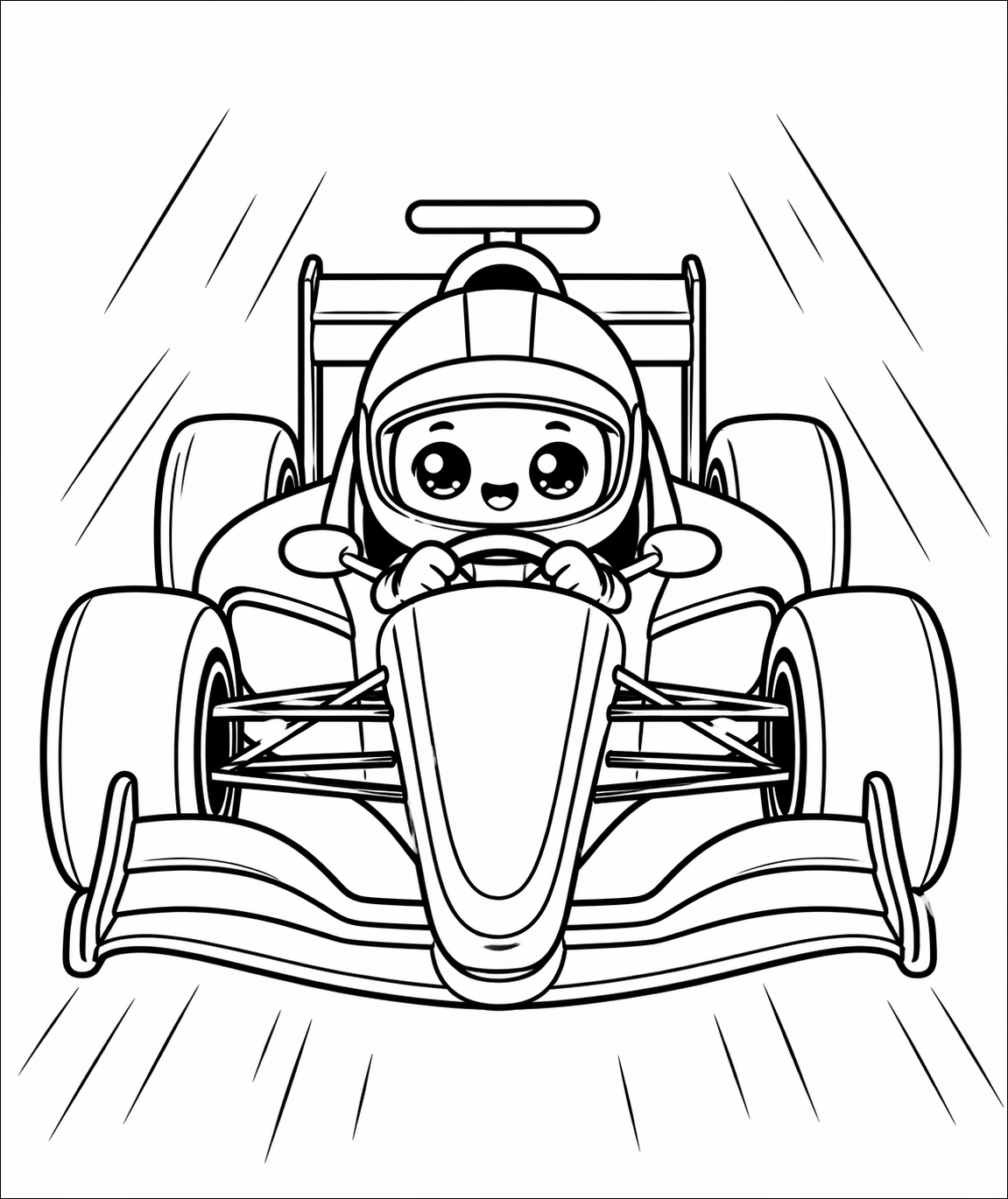 Ein Formel-1-Rennwagen mit kindgerecht gezeichnetem Fahrer zeigt typische Flügel, Reifen und eine niedrige Karosserie