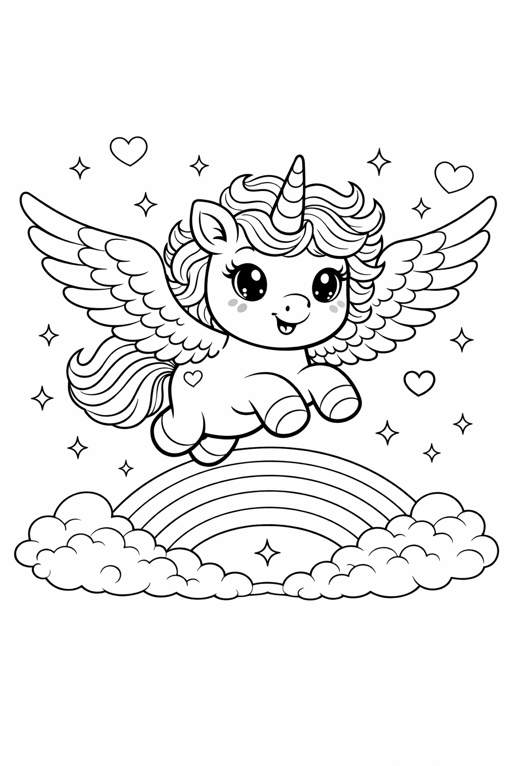 Ein niedliches Einhorn steht vor einem breiten Regenbogen; große Flächen machen das Motiv leicht zugänglich