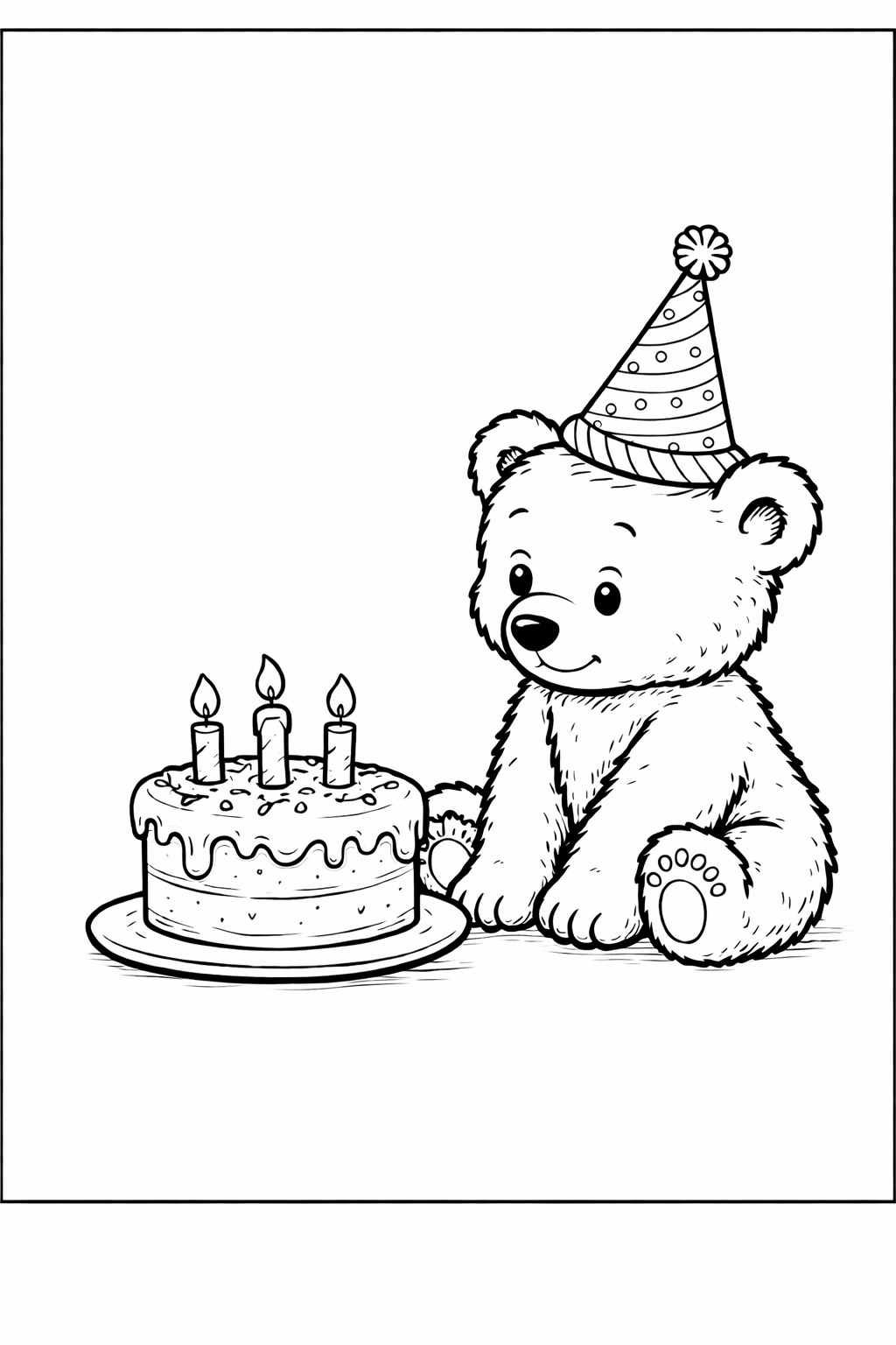 Ein Teddybär mit Partyhut sitzt neben einer Geburtstagstorte und mehreren festlichen Details
