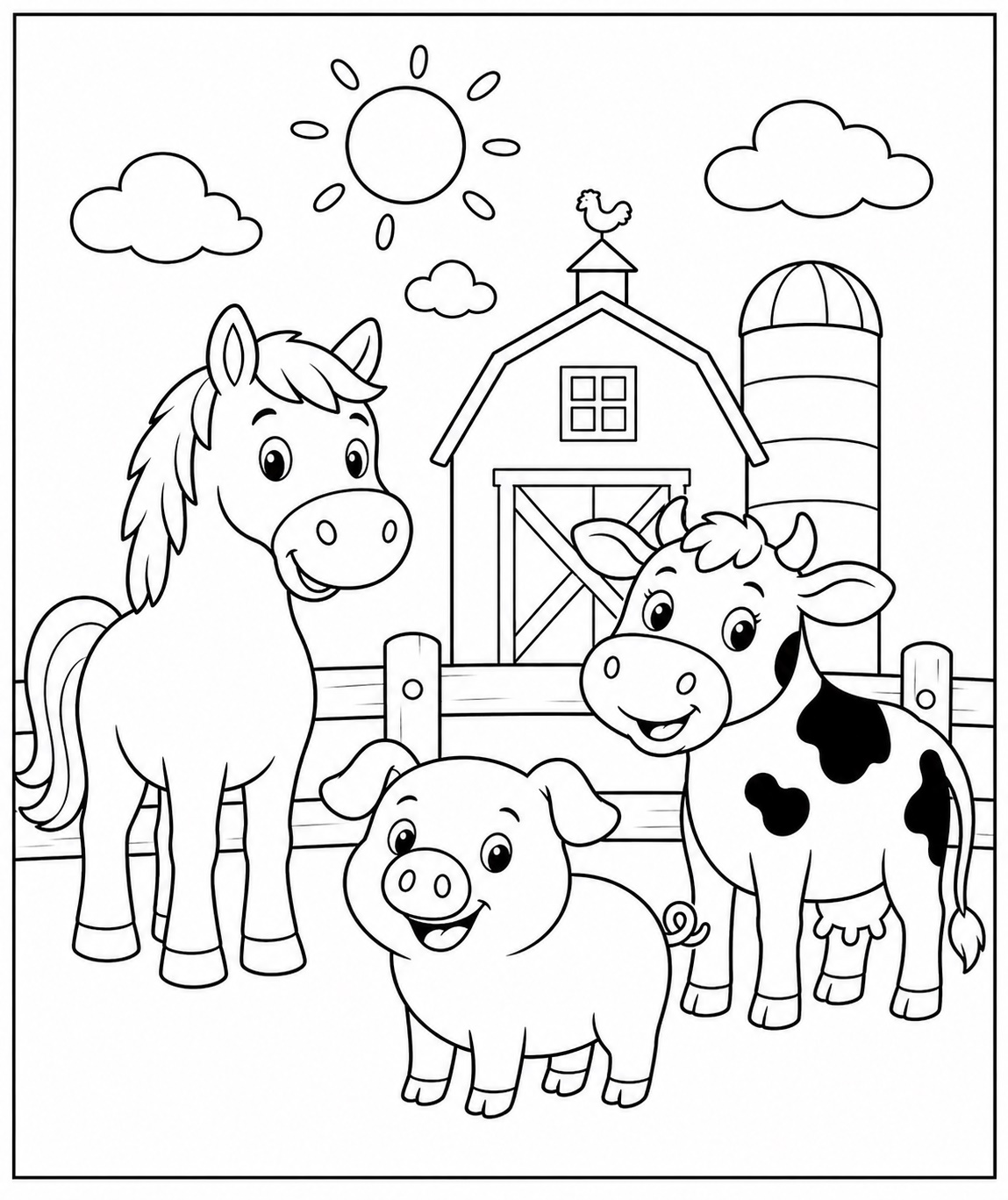 Pferd, Kuh und Schwein stehen vor Scheune, Silo und Holzzaun in einer übersichtlichen Hofszene