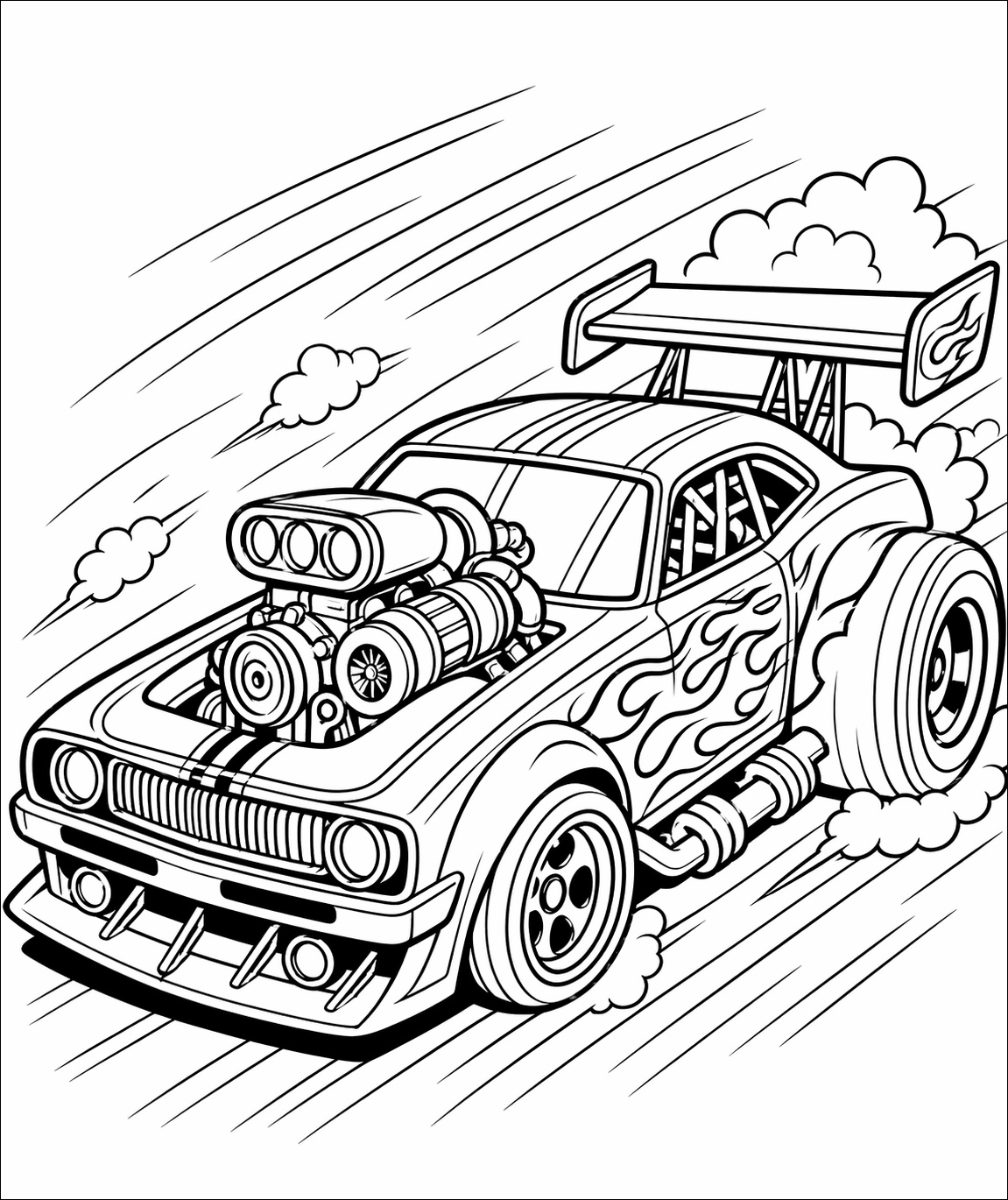 Ein dynamisches Turbo-Rennauto besitzt markante Räder, klare Karosserielinien und eine tiefe Straßenlage