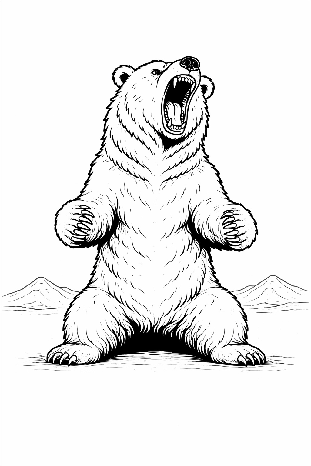 Ein kraftvoller Bär steht aufrecht; Fell, Tatzen und Gesicht sind deutlich voneinander abgegrenzt
